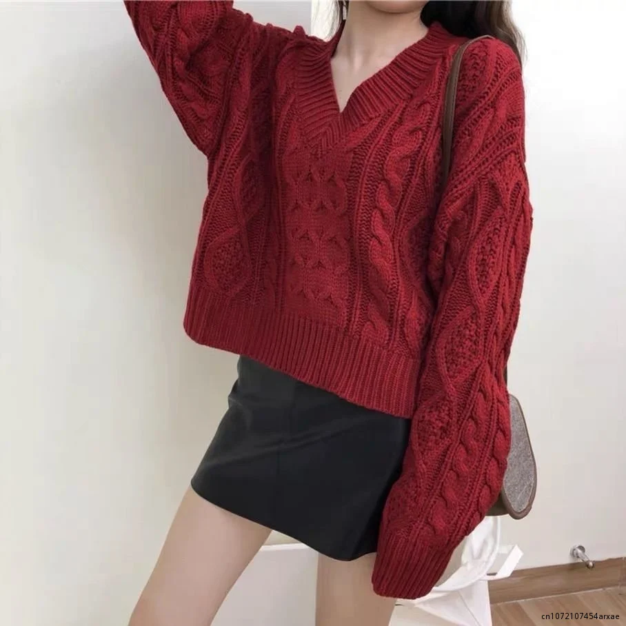 

Autumn And Winter Knitted V-neck Short Red Sweater Womens Tops For Female Sweaters Japanese Streetwear Women Pullovers Jersey