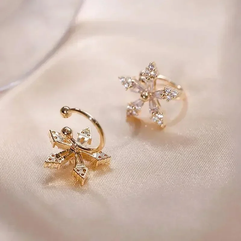 Metallic Women's Snowflake Ice Crystal Style Luxury Design Brass Gold Shining Zircon Non Perforated Earrings