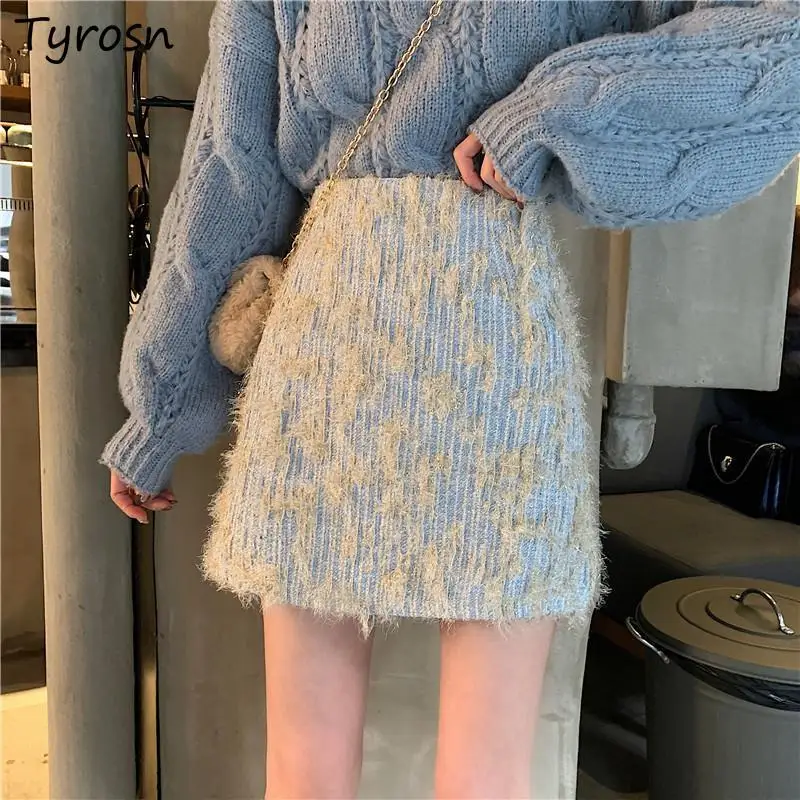 Skirts Women Sweet Temperament Streetwear Design Print Woolen Faldas Feminine High Fashion Ulzzang Empire A-line Sexy Mini Skirt