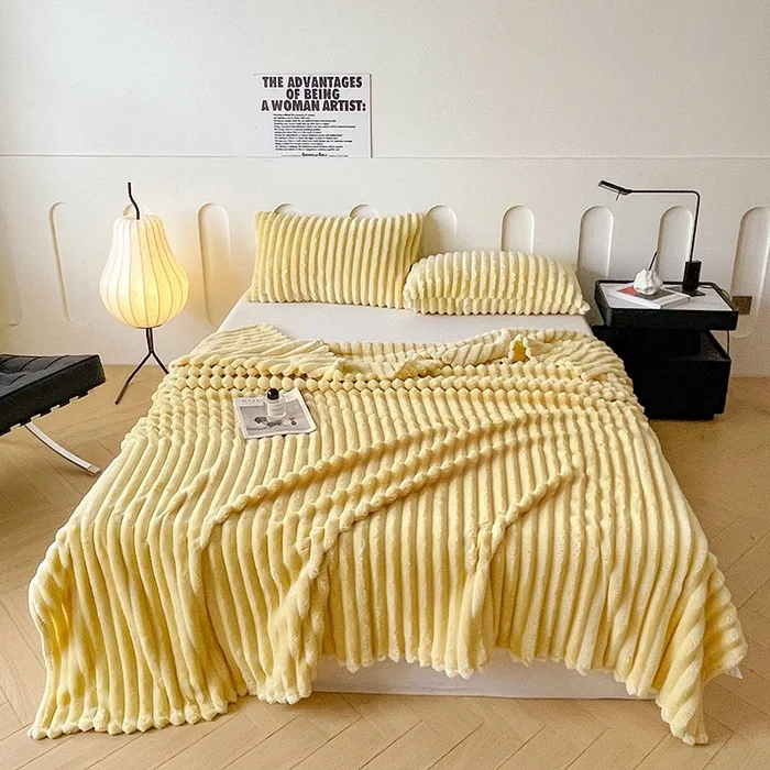 Striped Luxury Plush Multifunctional Embossed Design Four Seasons High-Grammage Flannel Lightweight Portable Knitted Blanket