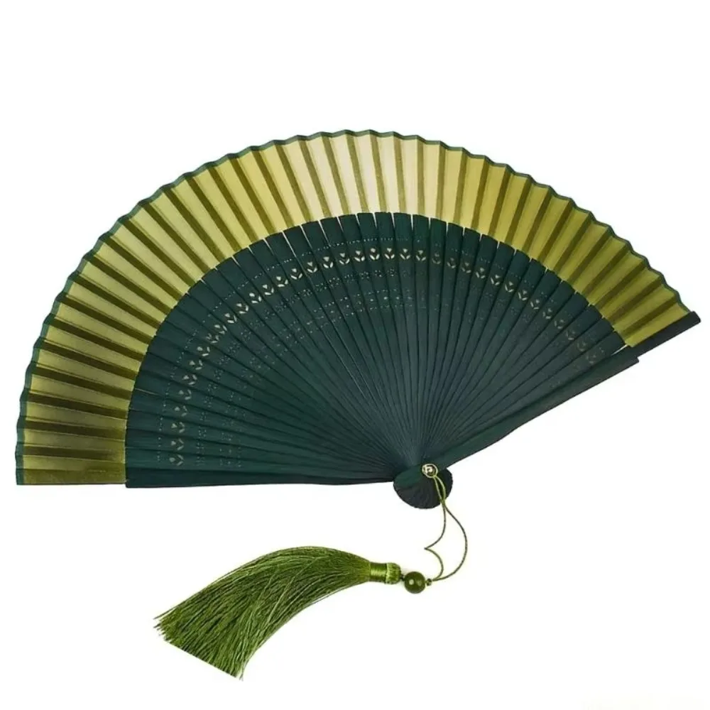 Hollow Carving Bamboo Folding Fan Portable with Tassel Retro Hand Fan Bamboo Frame Gradient Color Dance Fan Dance Performance