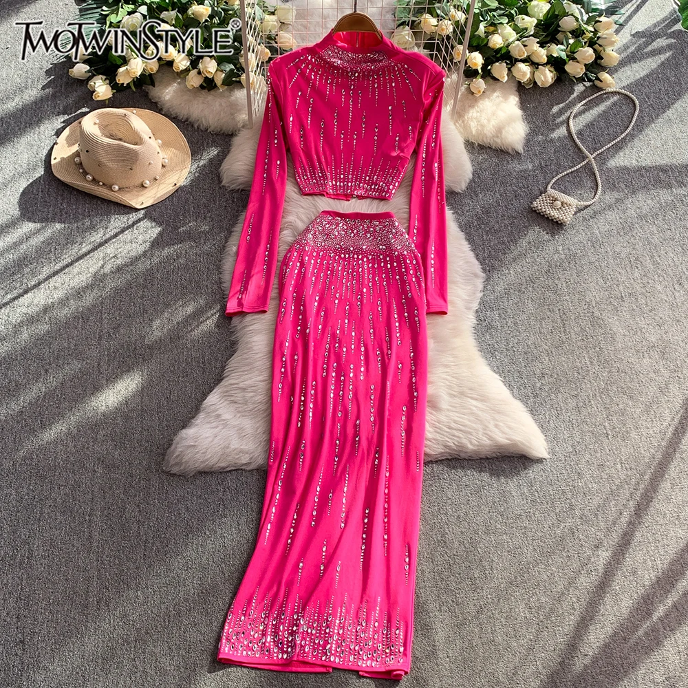 

TWOTWINSTYLE Sexy Solid Two Piece Sets For Women Round Neck Long Sleeve Top High Waist Skirt Elegant Set Femael Style KSE547149