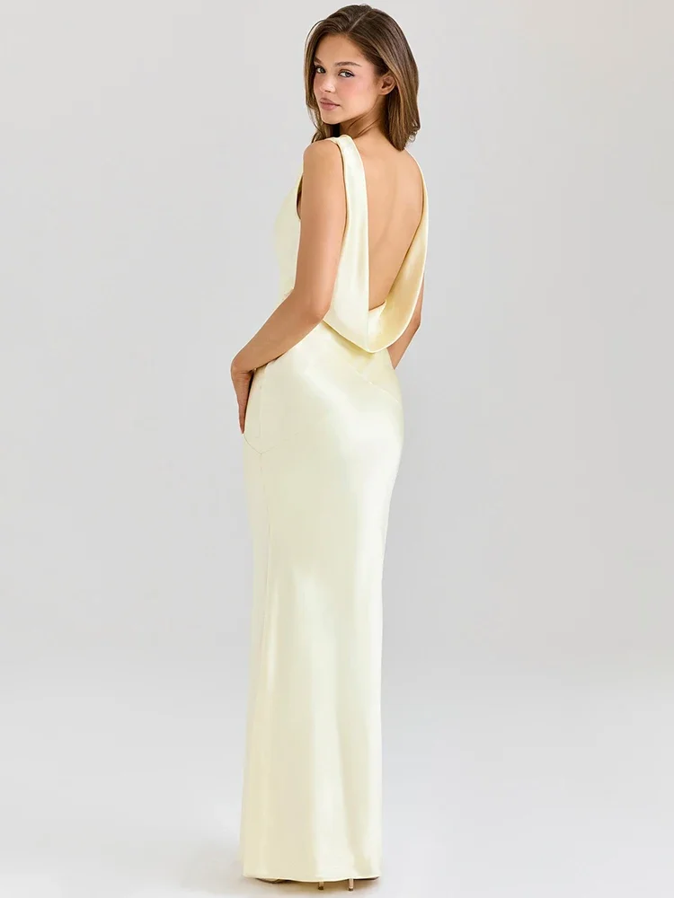 

Satin Backless Draped Sexy Maxi Dress Women Fashion Cowl Neck Sleeveless High Waist Club Party Long Dress Female New 2025