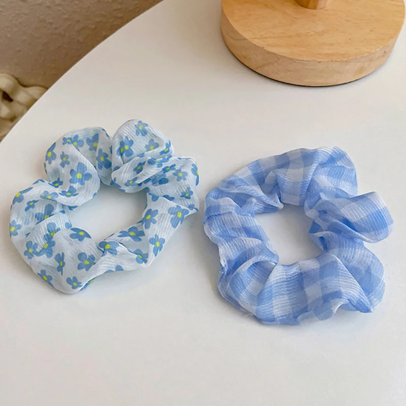 Blue Series Chiffon Scrunchies Ponytail Holders Rubber Band Sweet Hair Accessories Organza Mesh Hair Rope Floral Hair Ring