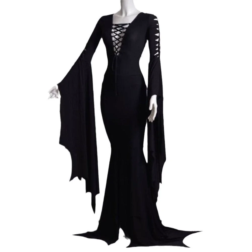 

Plus Size Women Fashion Halloween Sexy Strap Hips Wrap Dress Ladies Casual Horn Sleeve Lace V-Neck Color Matching Dress