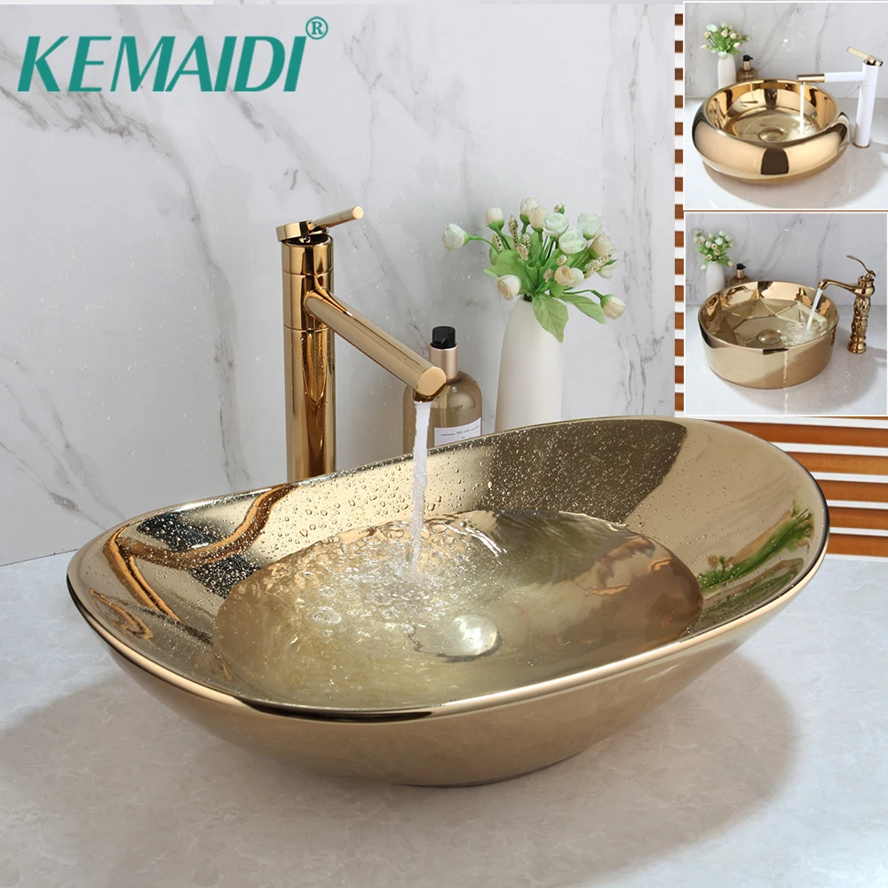 KEMAIDI Luxury Gold Ingot Ceramic Vessel Basin Bathroom Sink For Bathroom Faucets Bath Combine Mixer Set 7 Choice Style