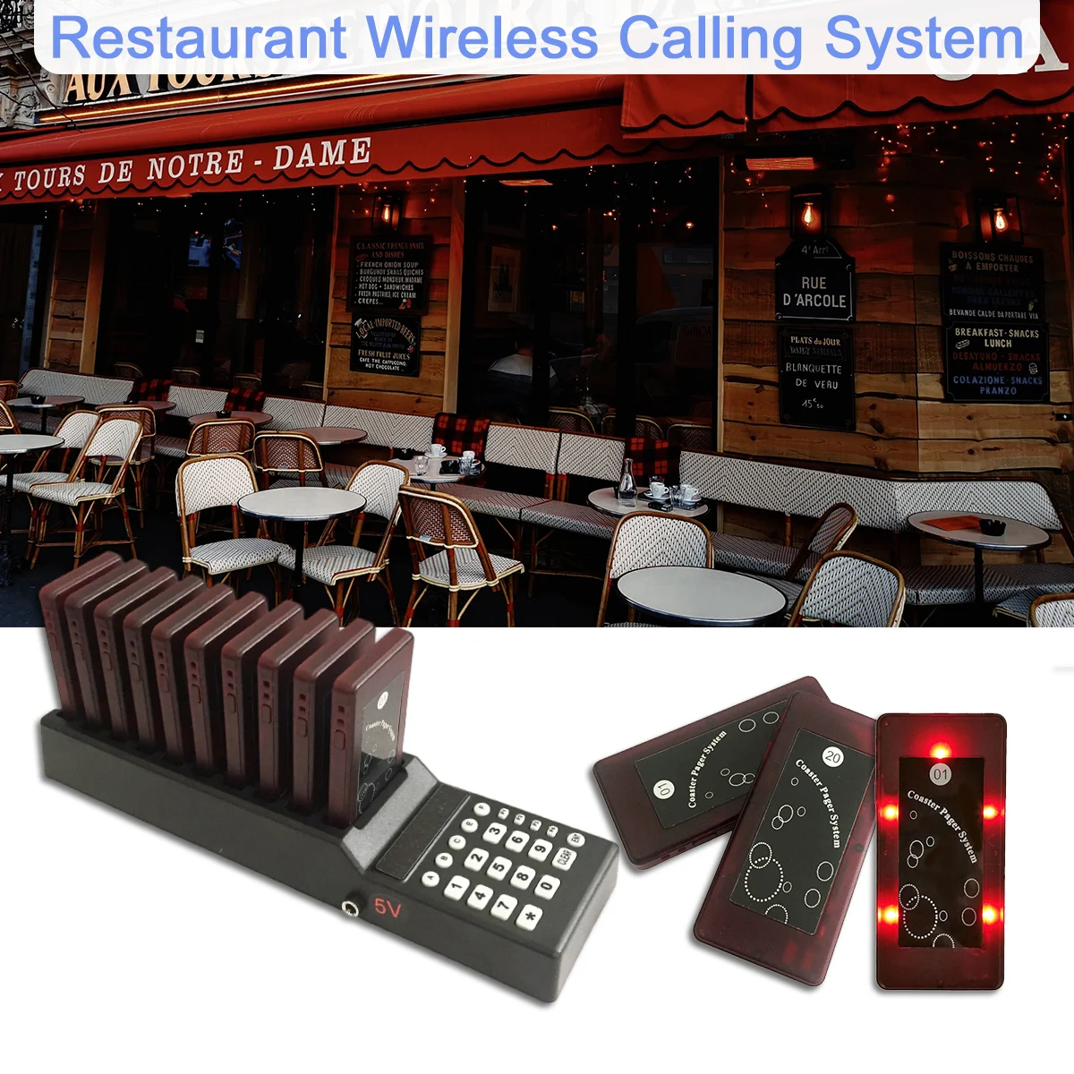 Restaurant Wireless Guest Coaster Pager System Ringing Vibration 1 Transmitter 10 Pagers For Food Truck Bar Coffee Shop