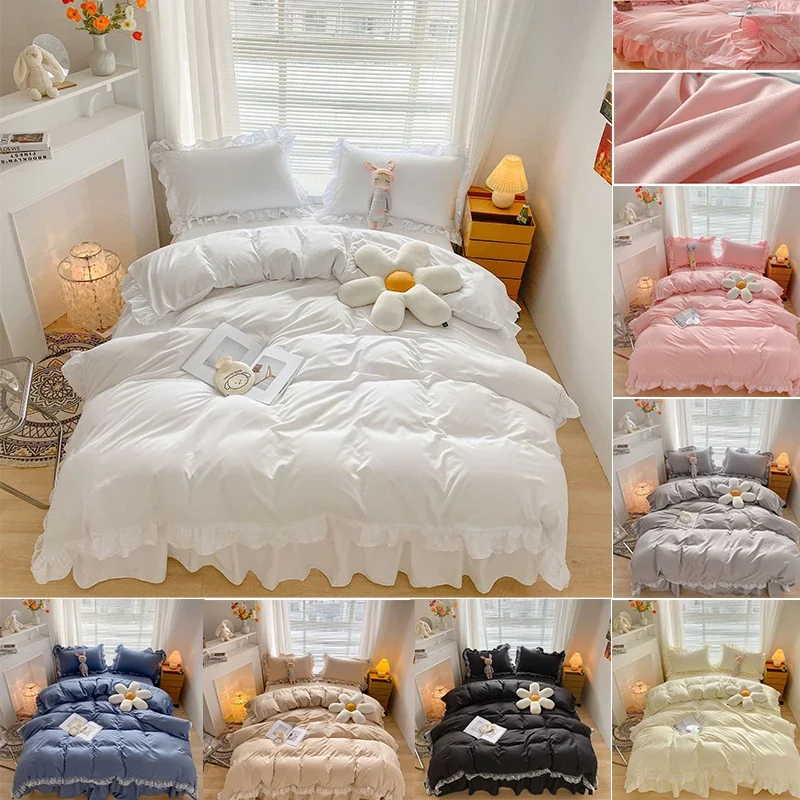 

3/4pcs Set Lace Ruffle Bed Skirt / Home Bedclothes Solid Color Grinding Bed Skirt for Hotel Household Brushed Cloths Home Decor