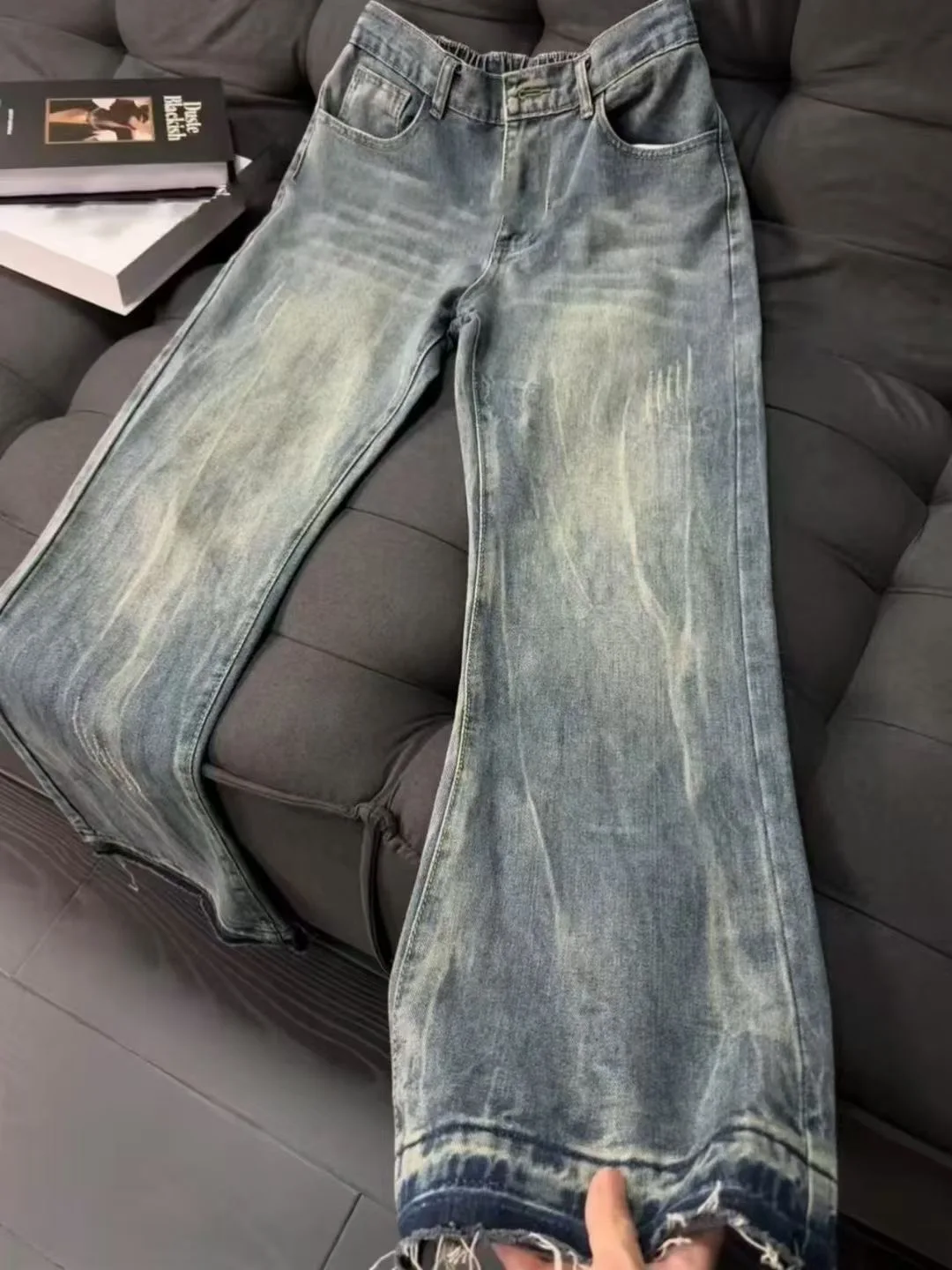 

Retro American Men's Jeans Spring Autumn Faion High Street Vibe Micro Flared Straight Casual Long Trousers with Scrapes