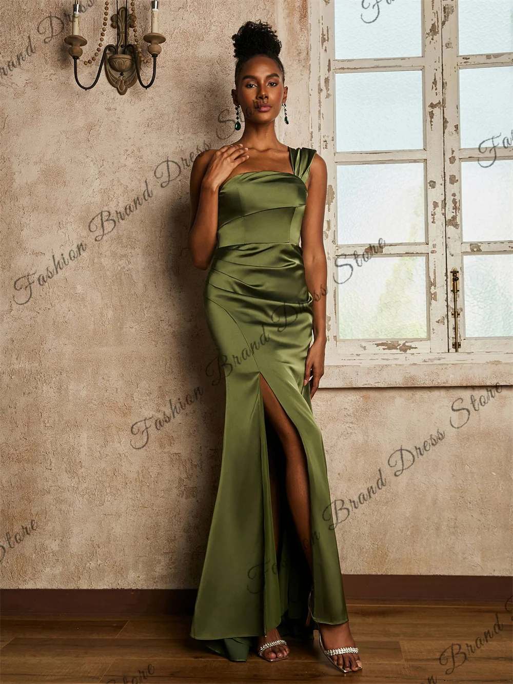 

One-shoulder Strapless Mermaid Prom Dresses With Split Pleated Corset Sleeveless Evening Gowns Backless Long Bridesmaid Gowns