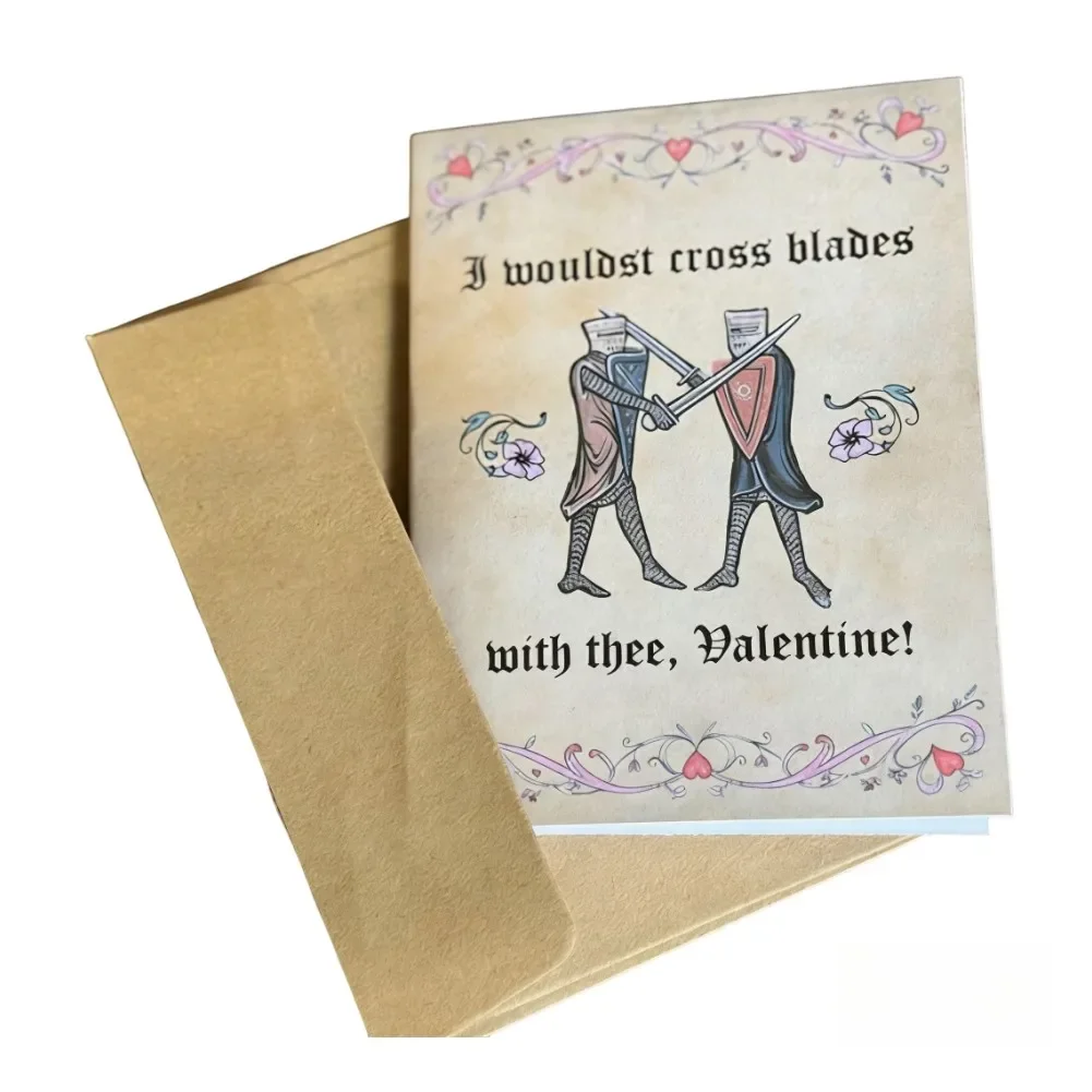 Medieval Greeting Card with Humorous Cross Blades Queen Design for Fans of Historical Comedy and Romantic Surprises