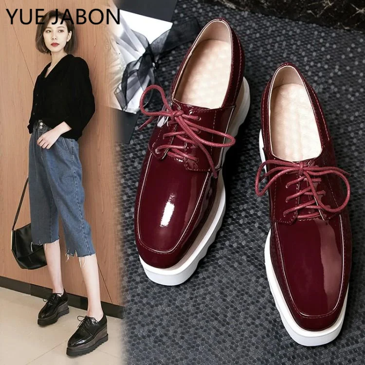 Women\'s Black Patent Leather Loafers Platform Lace Up Shoes for Woman 2024 New Autumn British Genuine Leather Casual Flats Shoes