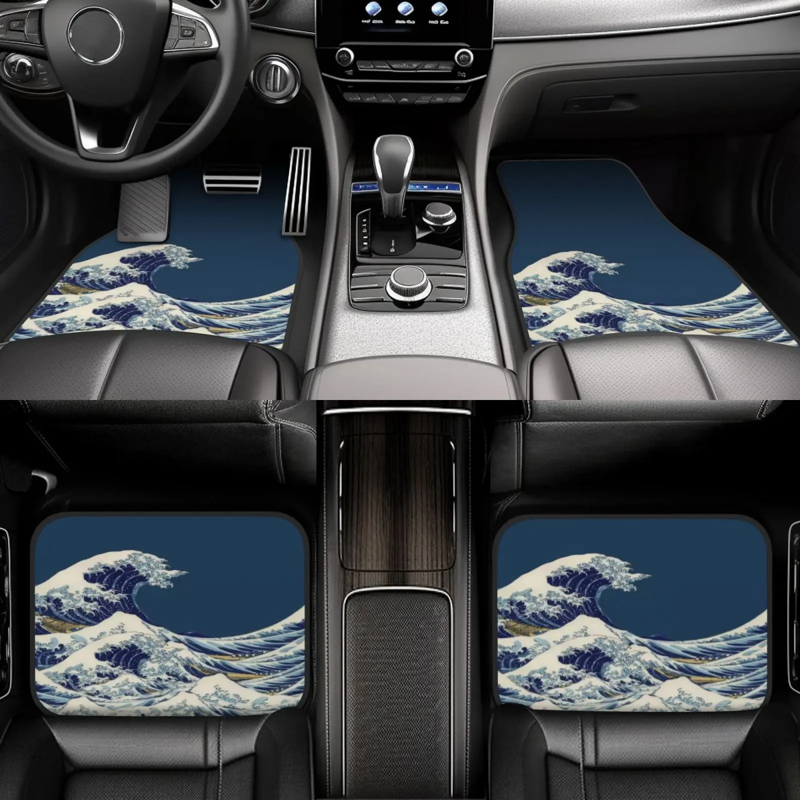 A Collection Of Four Universal Car Floor Mats Featuring A Wave Pattern, Crafted From High-Density Polyester, Appropriate For Yea