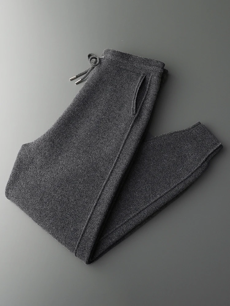 Men's Thick Wool Pencil Pants Autumn Winter Elastic Waist 100% Merino Wool Knitted Thread Casual Trousers Cashmere Pockets Pants