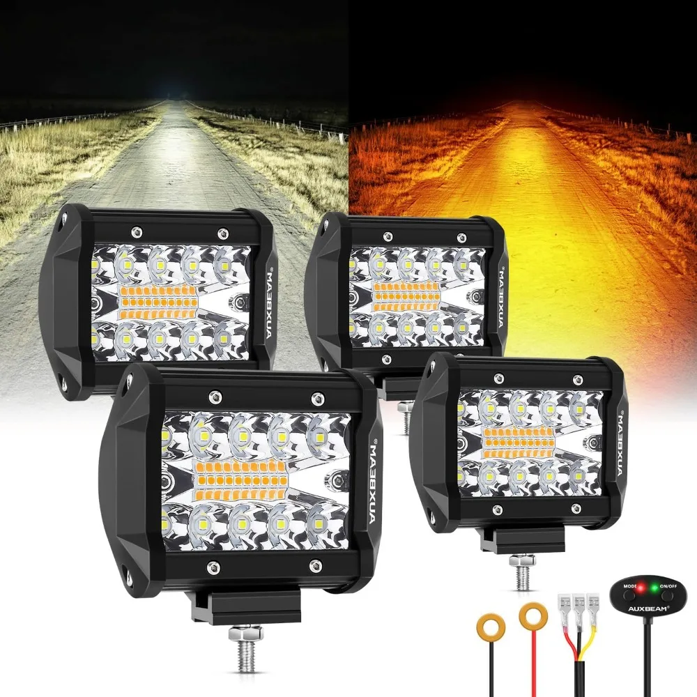 

6 Modes Amber White LED Pod Lights Strobe Flash Warning Multi Function 4 Pack 240W Spot Flood Combo Offroad Lights for 4x4