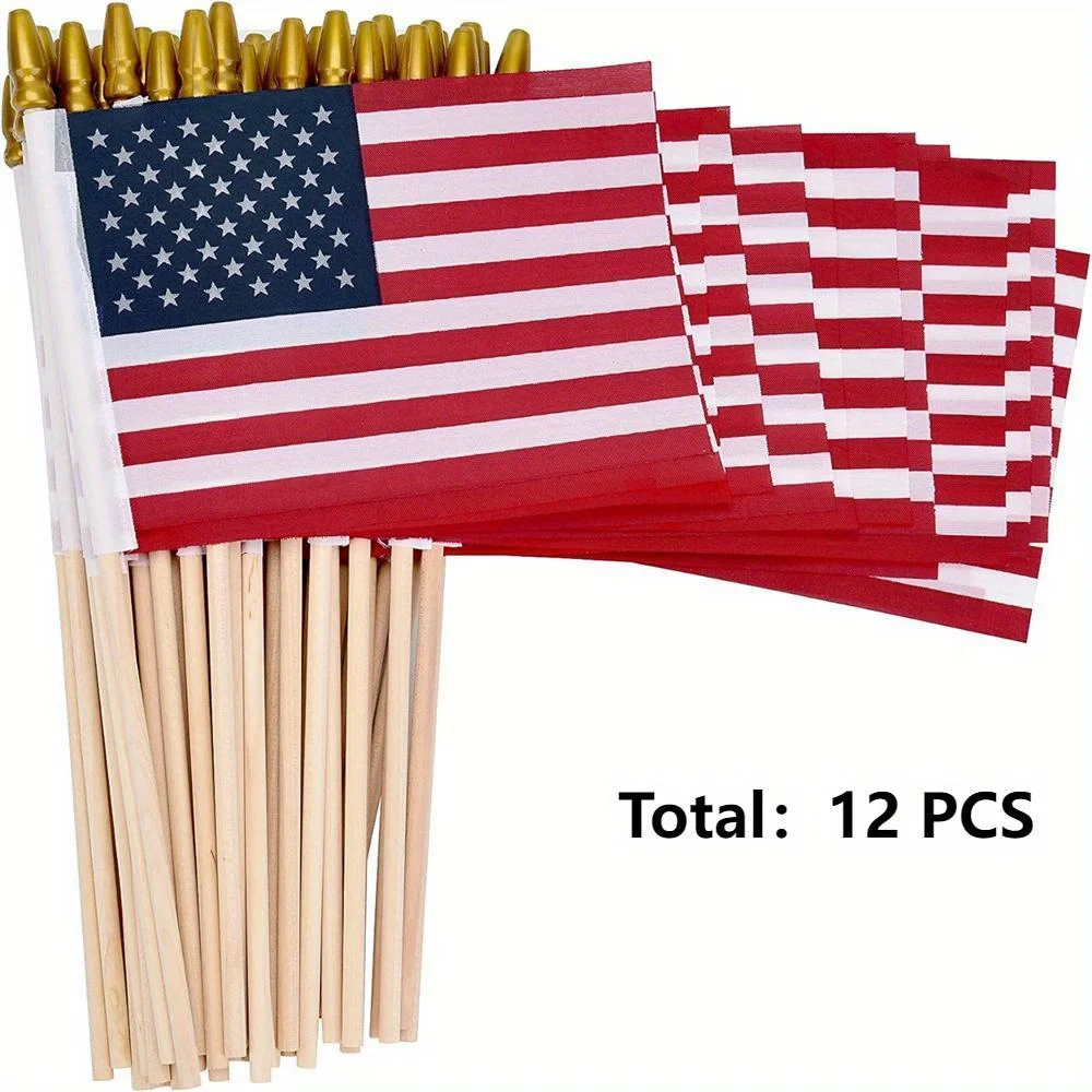12 pcs/pack Small American Flags Small US Flags/Mini American Flag on Stick 4x6 Inch US American Hand Held Stick Flags
