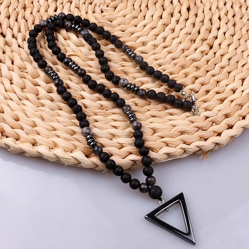 Natural Stone Bead Necklace for Men,Tiger Eye Bead Hematite Triangle Pendants Necklace - view 4