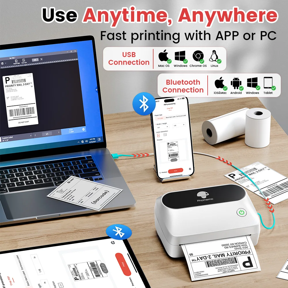 Stampante per etichette di spedizione Phomemo M421 Bluetooth 4x6, stampante termica portatile wireless per codici a barre E-commerce, connessione con telefono PC