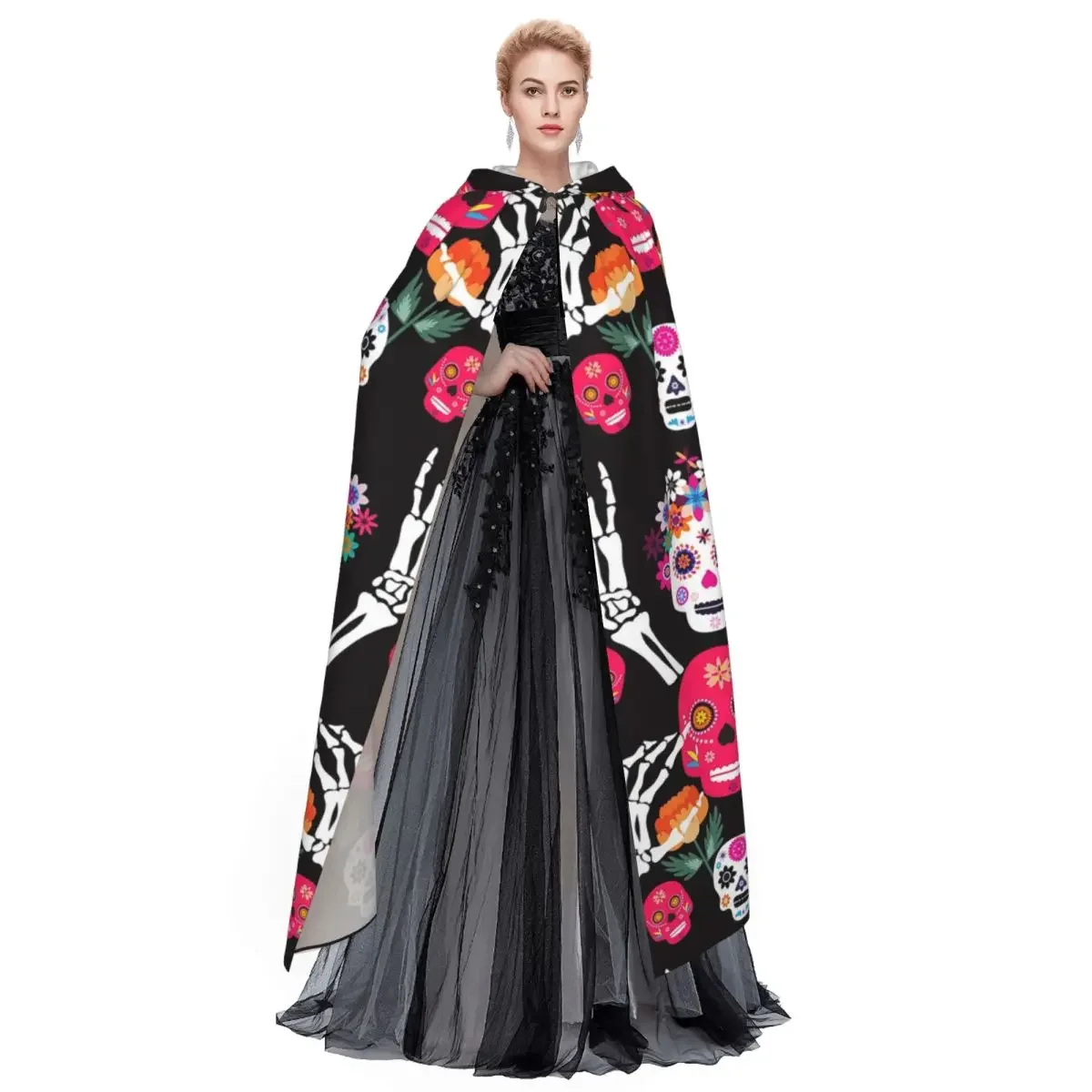 Capa larga con capucha de calaveras y flores de azúcar mexicanos, disfraz Medieval de bruja, capa de Cosplay para Halloween, vampiro, adulto, Unisex