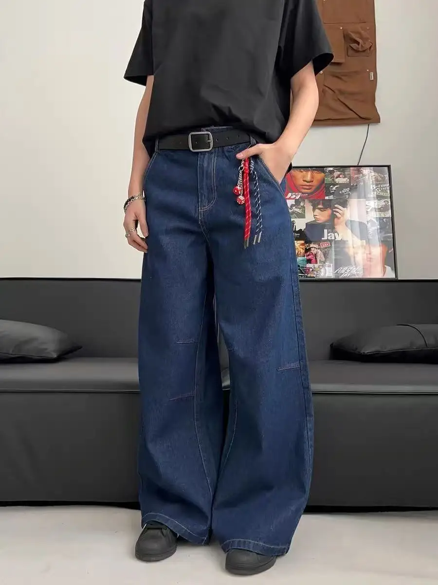 Women's Deep Blue Loose Jeans Summer Unisex Street Wide Leg Casual Trousers Cool Girl Bottoms Female High Waist Denim Pants