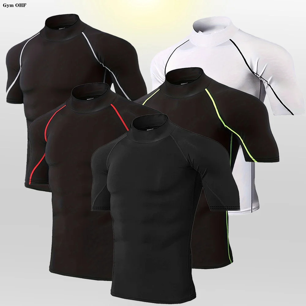 New High-Neck Men'S Sports T-Shirts Quick Gym Fitness Running Compression Tops Casual Outdoor Shirt Men Sun Protection Clothing