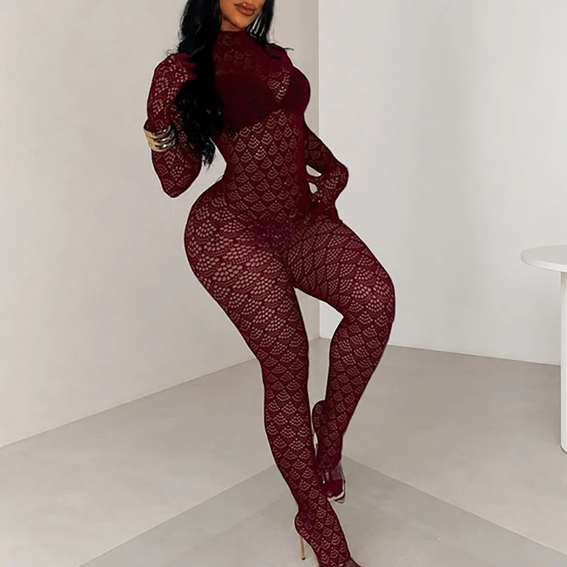 Sexy Perspective Lace Tight Jumpsuit Autumn Vintage Solid Color Wrap Hip Bottom Bodysuit Casual O Neck Hollow Long Pants Romper