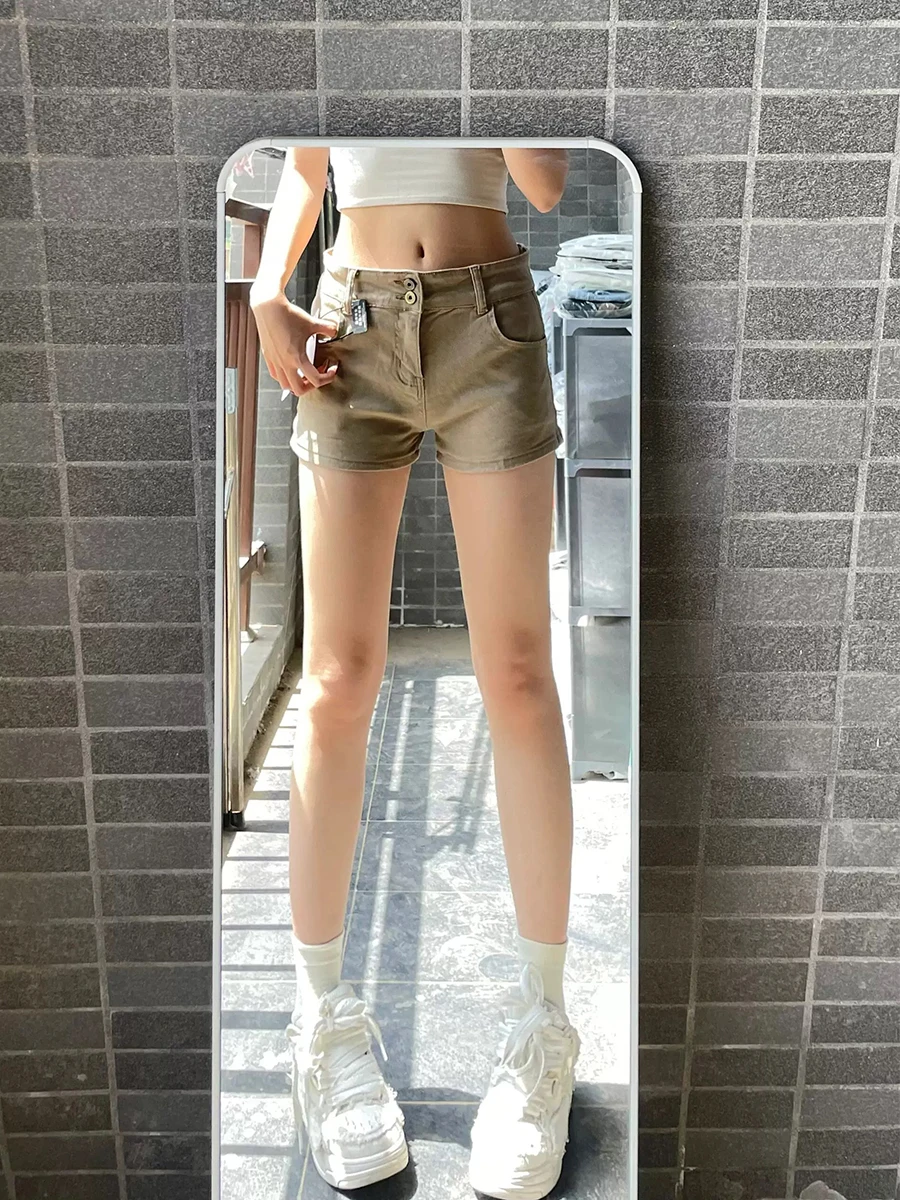 

Джинсовые шорты больших размеров цвета хаки, эластичные, женские, летние, утягивающие, с высокой талией, прямого кроя, в стиле ретро, американский стиль