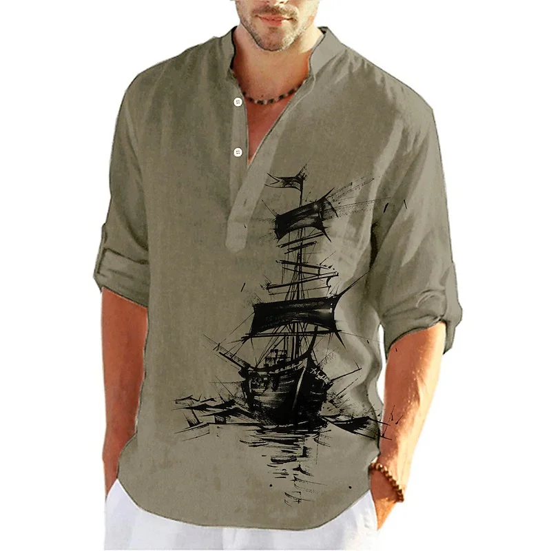 Men's shirt, spring and summer casual top, Chinese style ancient ship printed shirt, stand collar loose beach vacation shirt