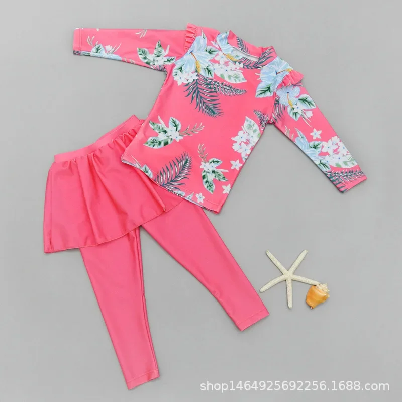 Girl Two Pieces Suit 3-11 Year Children Long Sleeve Skirt Swimsuit  Kid Cute Flower Print Swimwear Baby Bathing Suit