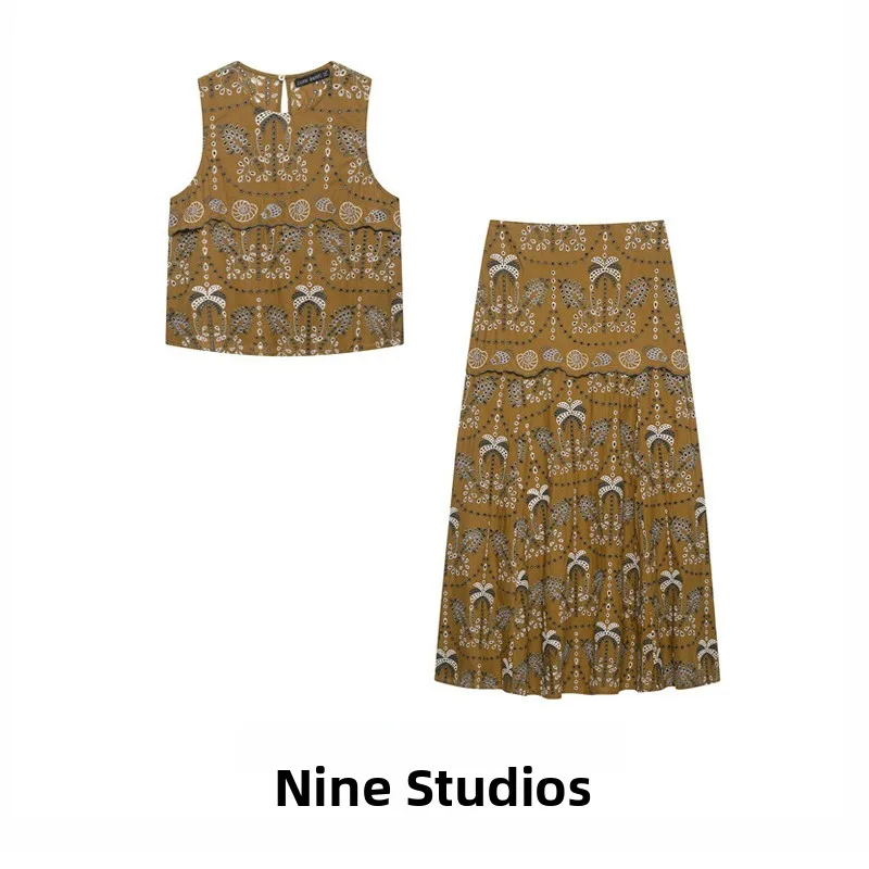 NINE ZAR Women's Fashion Set Sleeveless Vest Floral Print Midi Skirt Half-length Skirt 7890969 7891969 Elegant Casual Outfit