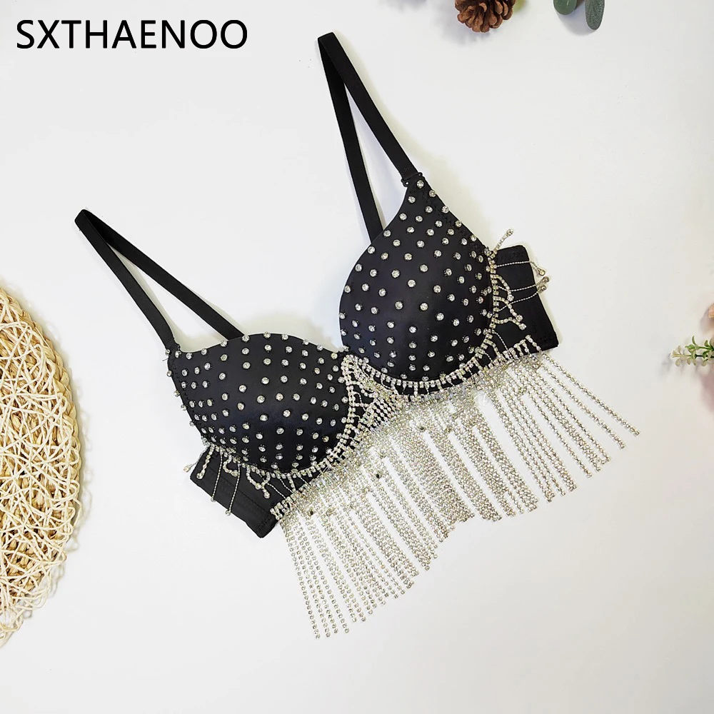 SXTHAENOO Diamond Encrusted Tassel Sexy Belly Dance Bra Backless Bustier Crop Tops Sleeveless Fishbone With Chest Padded Vest