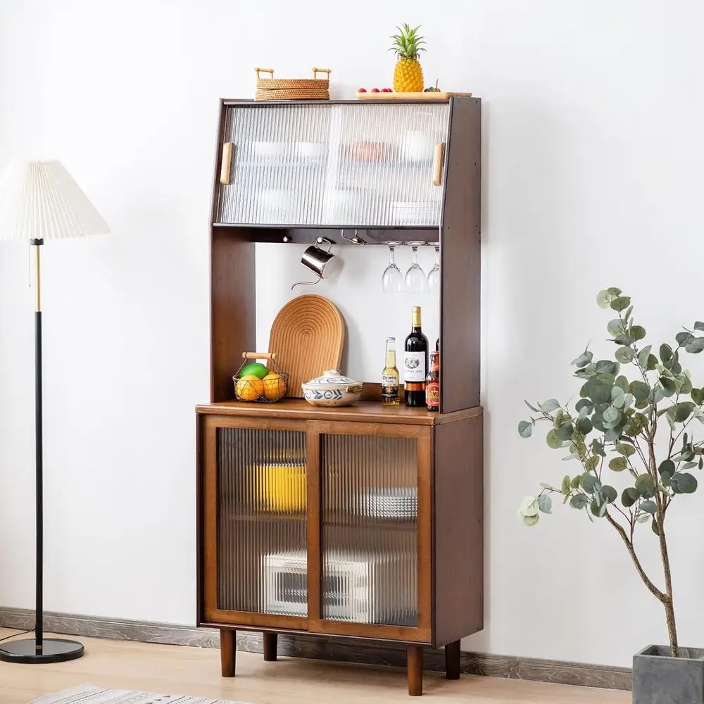 

Solid Wood Pantry Cabinet with Rattan Hutch, 69 Countertop, Bamboo Sideboard for Entryway or Living Spaces