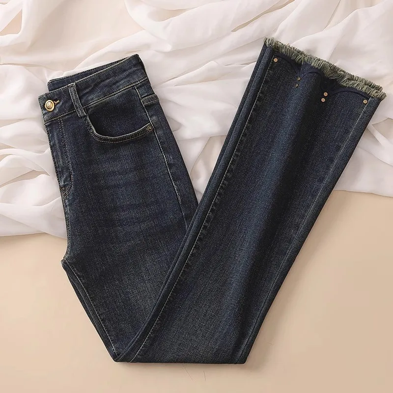 Cimento cinza jeans feminino primavera outono 2025 novo elástico de cintura alta queimado calças retro versátil borla borda crua