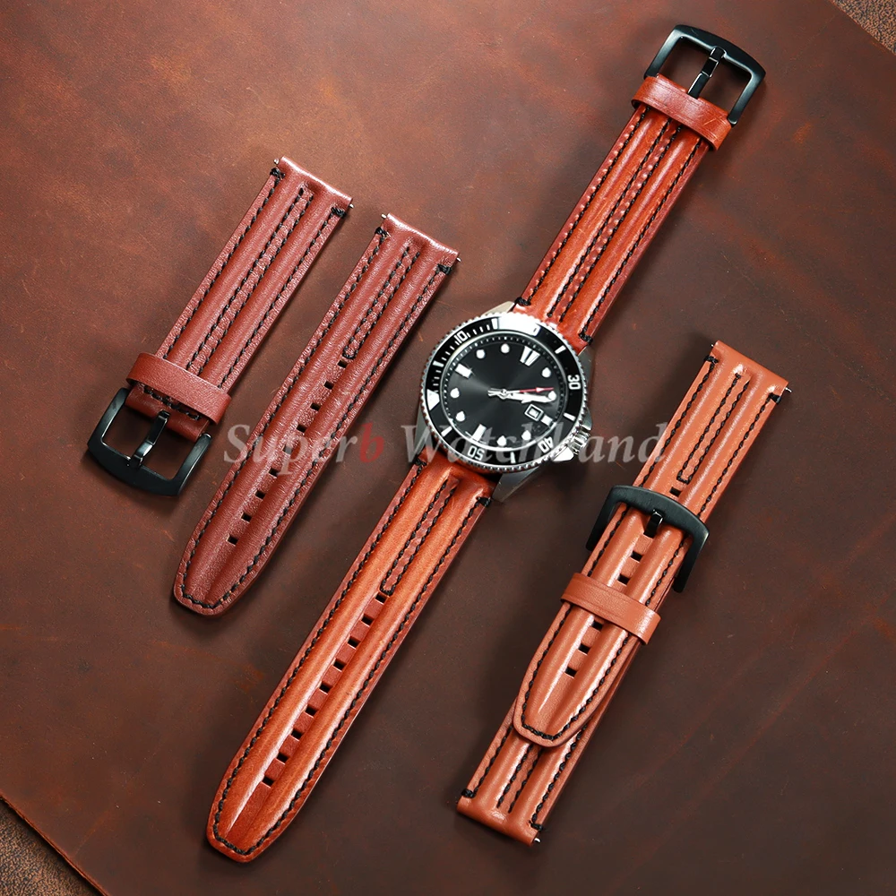 خمر النفط الشمع جلد البقر حزام ساعة اليد 20 مللي متر 22 مللي متر 24 مللي متر البني الساعات لسامسونج غالاكسي حزام (استيك) ساعة الرجال سوار #3