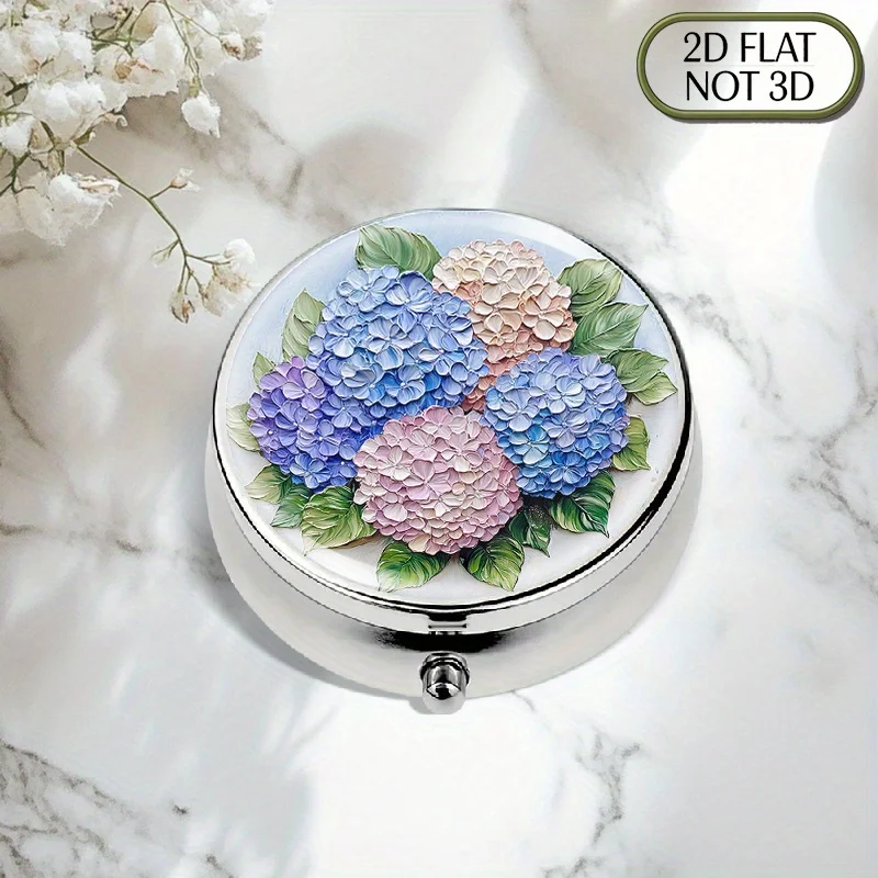 1 portable round three-compartment metal pill box with hydrangea pattern – suitable for storing vitamins, coins, and small accessories, ideal for elegant travel or gift storage (flat design)