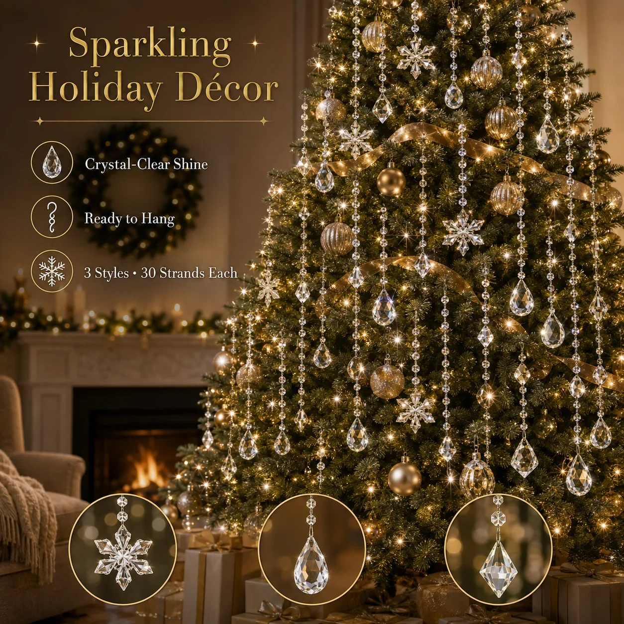 30Pcs Christmas Acrylic Snowflake Ornaments, Clear Crystal Hanging Decor for Xmas Tree New Year Decor
