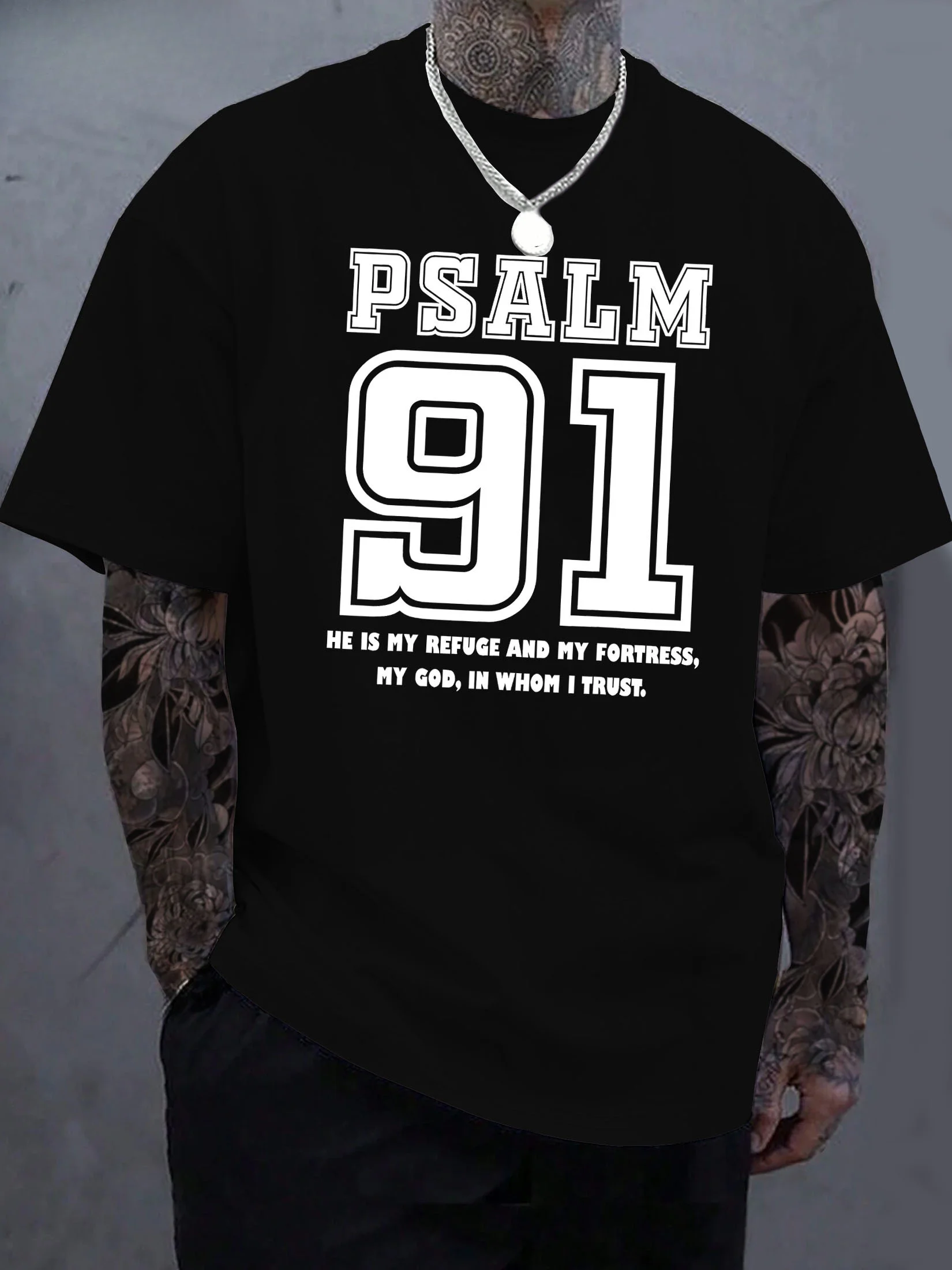 

Men's Psalm 91 Printed Cotton T-Shirt - Casual Crew Neck, Soft & Breathable, White with Black Text, Comfortable for Casual Attir