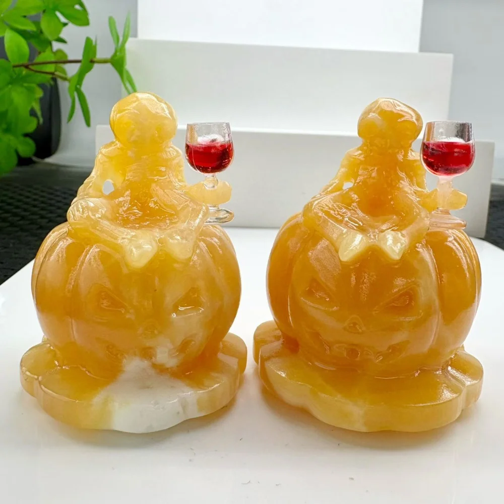Natural Crystal Alien On Pumpkin Figurine With Mini Wine Glass ET Statue Calcite Serpentine Halloween Home Decor Gift 1pcs