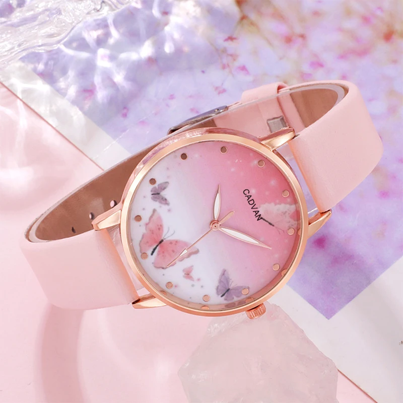 6PCS Set Women Fashion Quartz Watch Female Clock Pink Butterfly Dial Luxury Brand Design Ladies Leather Wrist Watch Montre Femme