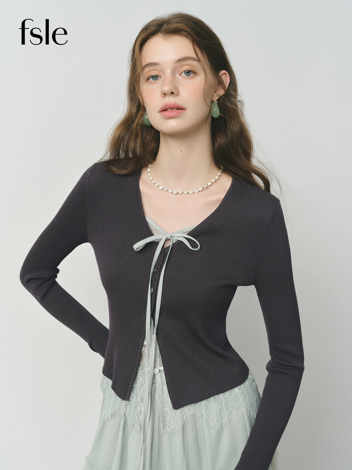 

FSLE 2025SS Women's Elegant Lace Trim Cardigan Fake Two-Piece Knit Sweater Tie Detail Coquette Y2K Office Chic Autumn 25FS13048