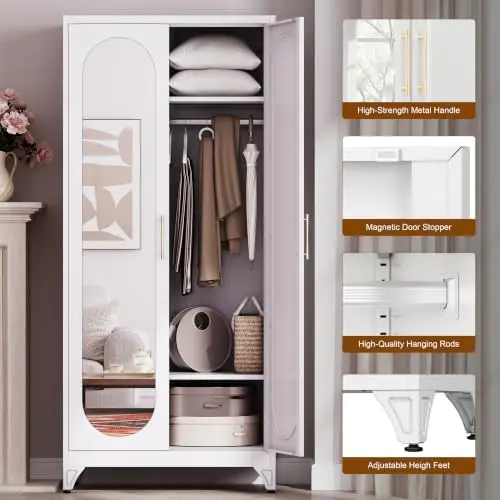 Armoire Wardrobe Closet，71" Metal Wardrobe Cabinet with Mirror Door | Tall Bedroom Armoires with Hanging Rod and view 4