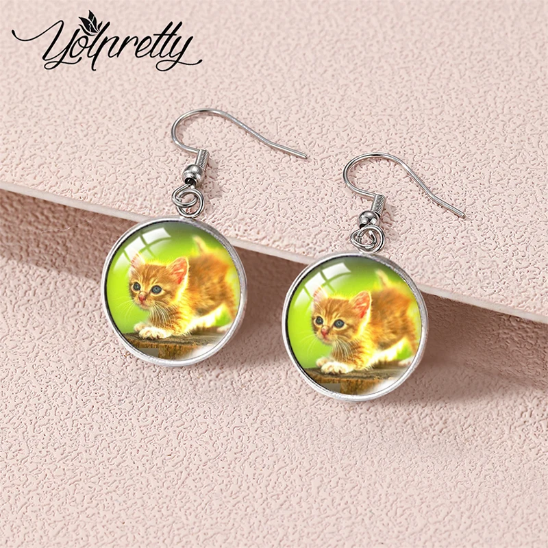 2023 New Arrival Fashion Cute Kittens Cat Pet Animal Glass Dome Round Dangle Earrings Handcraft Fish Hook Dangle Earrings