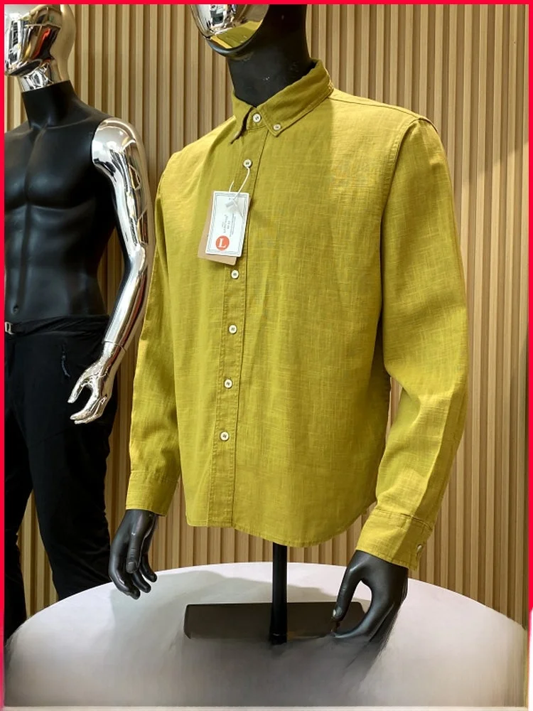 

American Style Heavyweight Linen Cotton Blend Men's Casual Long Sleeve Shirt Spring Summer Basic Versatile Simple Trendy