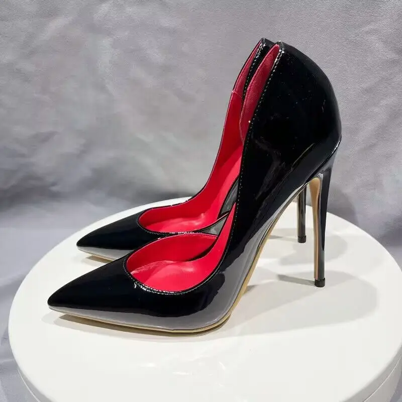 Tikicup Classic Black Women Side Open Pointy Toe High Heel Shoes Glossy Elegant Dress Slip On Stiletto Pumps Sexy Wedding Shoes