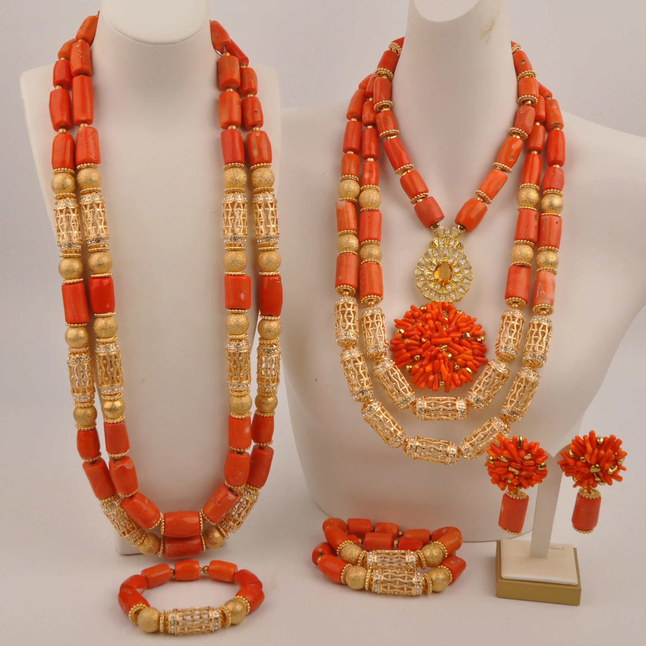 

Orange Coral Beads Bridal Jewelry Costume Jewellery Set African Nigerian Beads Necklace Set New