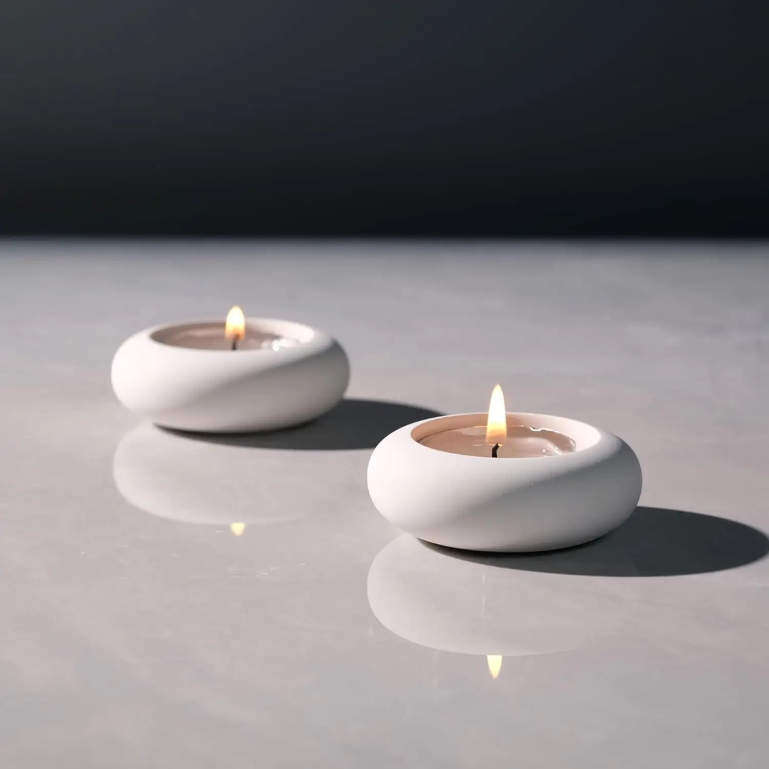 Handmade Pebble Tealight Candle Holders Set of 2 - Cement White, 2.6 in, Earthy Home Decor