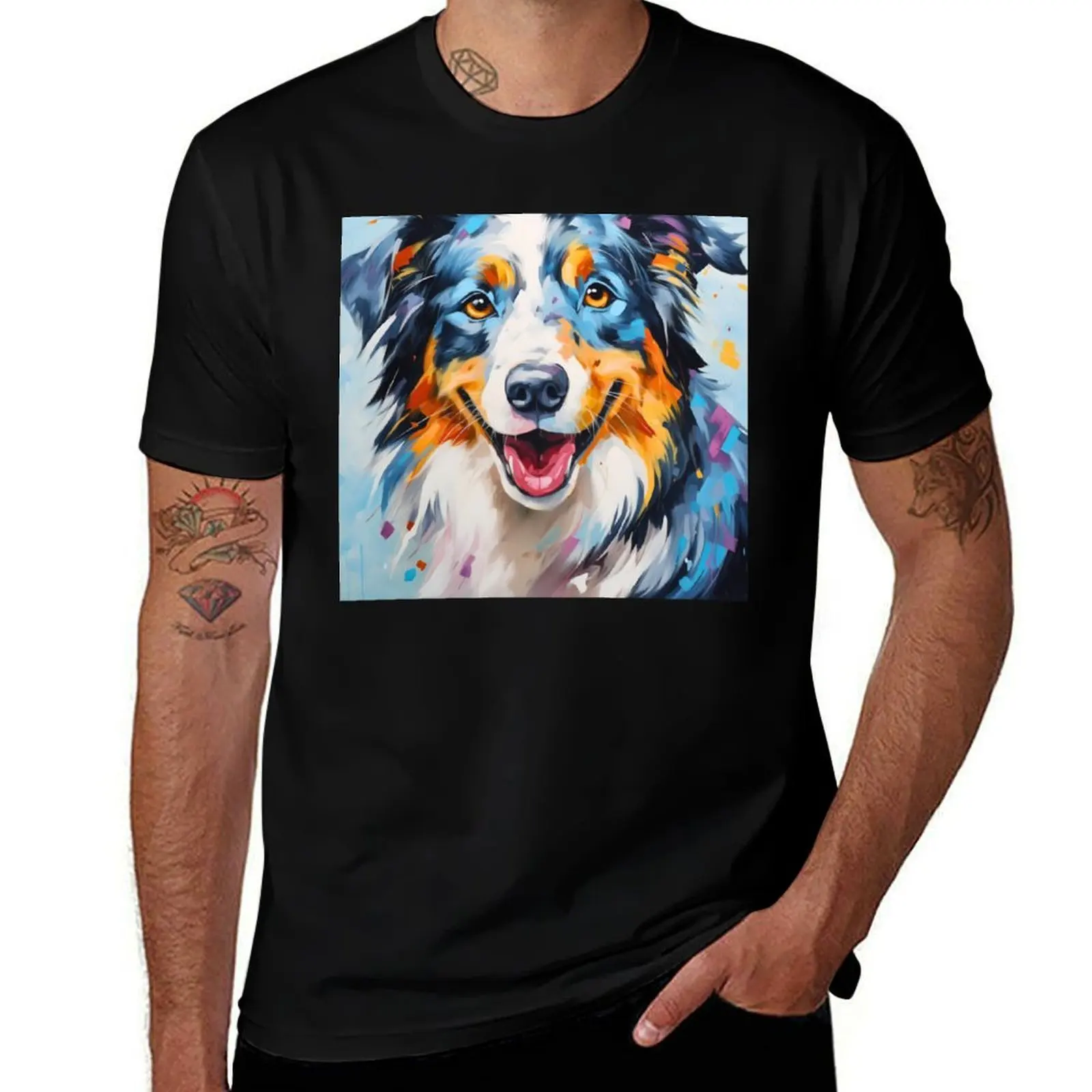 

Cute australian shepherd dog breed painting, aussie shepard T-Shirt man t shirt cotton high quality T-Shirt