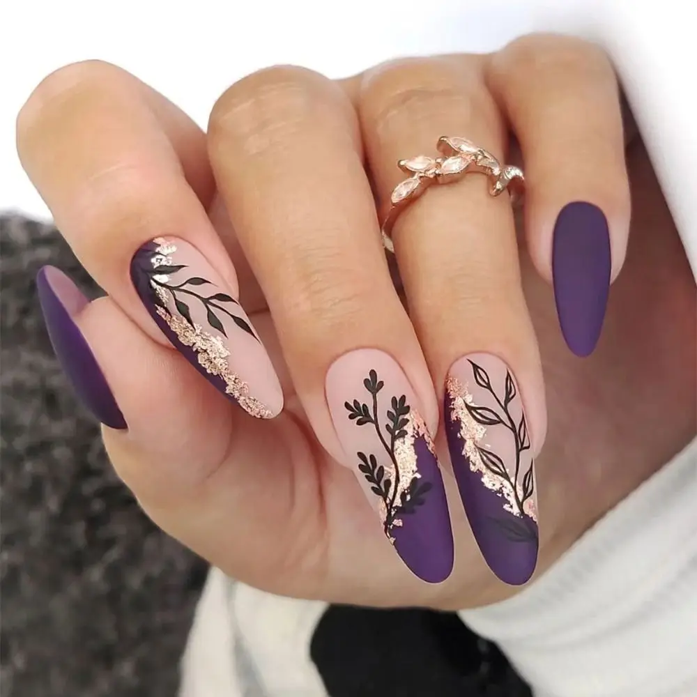 Manicure Long Oval False Nails French Purple Leaf Press on Nails Gold Glitter Detachable Fake Nials DIY