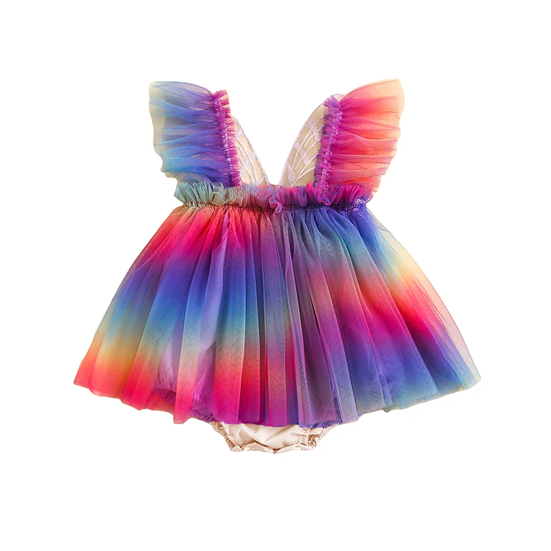 Infant Baby Girl Rainbow Colorful Ruffle  A-line Tulle Romper Dress Butterfly Wings Princess Party Clothes