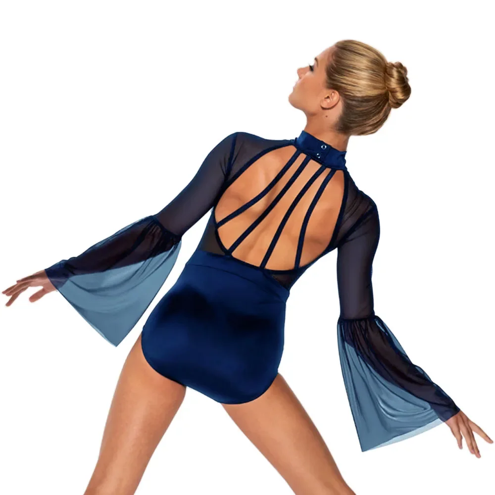 Modern Dance Leotard with Horn Sleeves Strapy Back Gymnastics Outfit Jazz Lyrical Dresses Ballet Stage Dance Costume